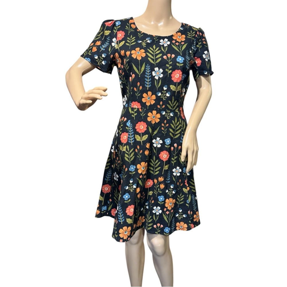Floral Fit-and-Flare Dress in Black with Orange & Red Blooms